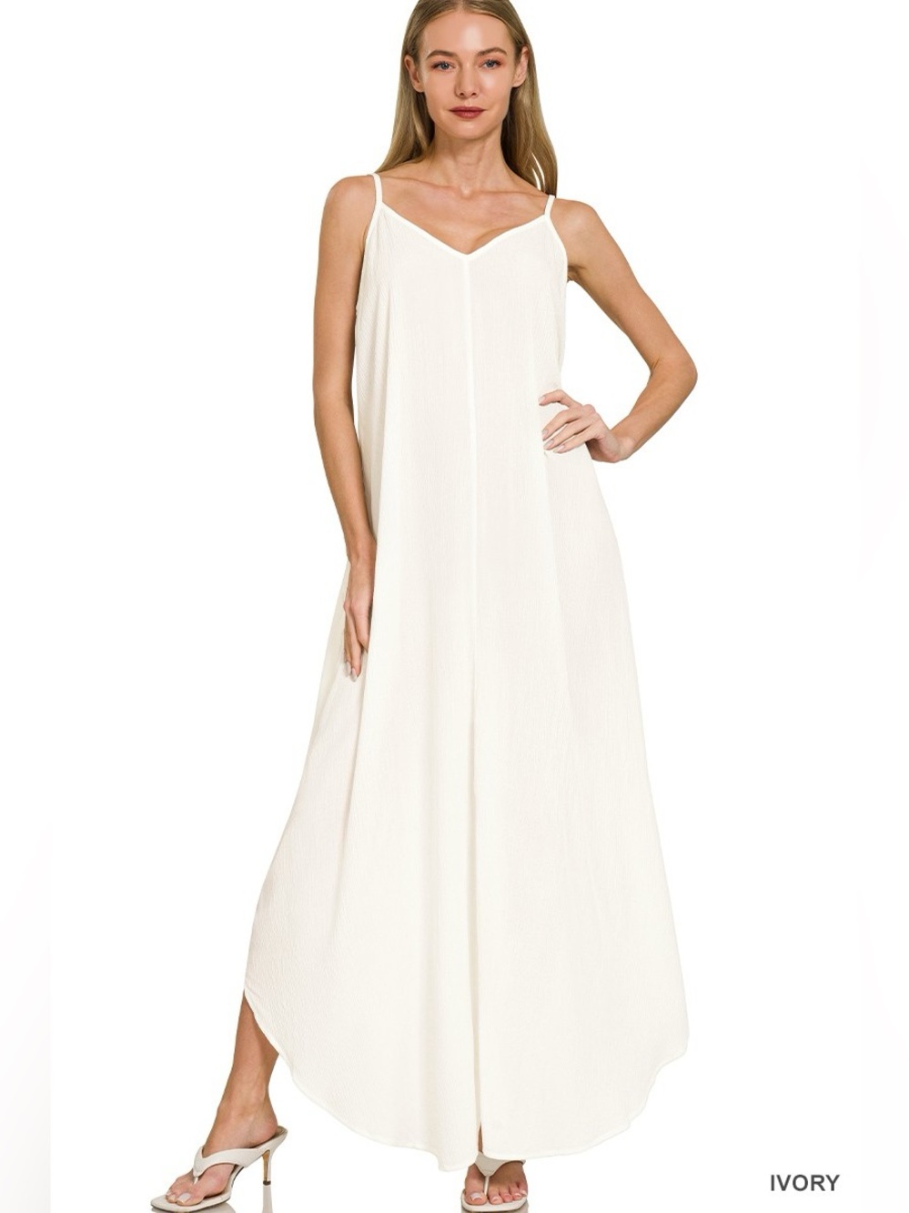 🤍 Zenana Woven Crinkle Cami Maxi Dress With Side Pockets🤍🛍️